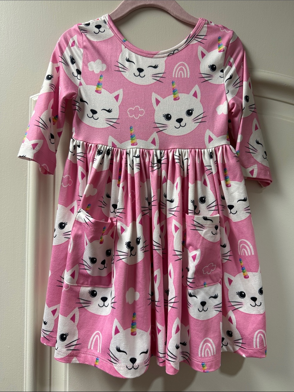 Pink Unicorn Cat Print 3/4 Sleeve Girls' Dress with Pockets